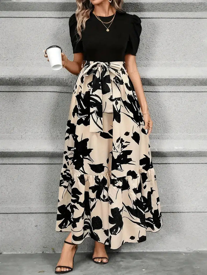 Elise | Dames Maxi-jurk met Pofmouwen en Bloemenprint met Strik Taille