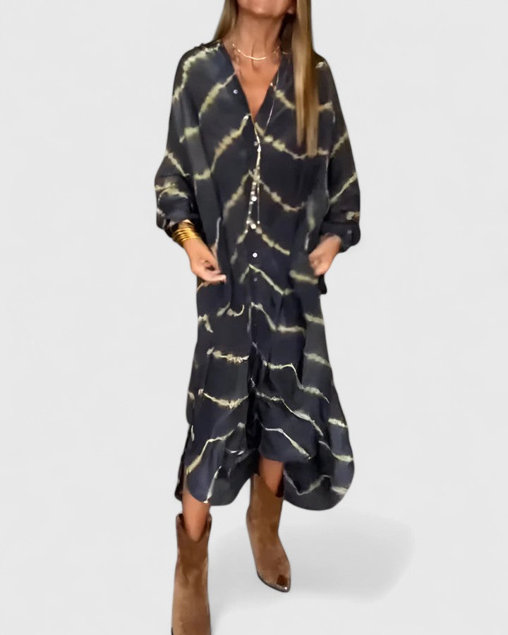Nova | Dames Tie-Dye Print Knopen Midi Shirt Jurk