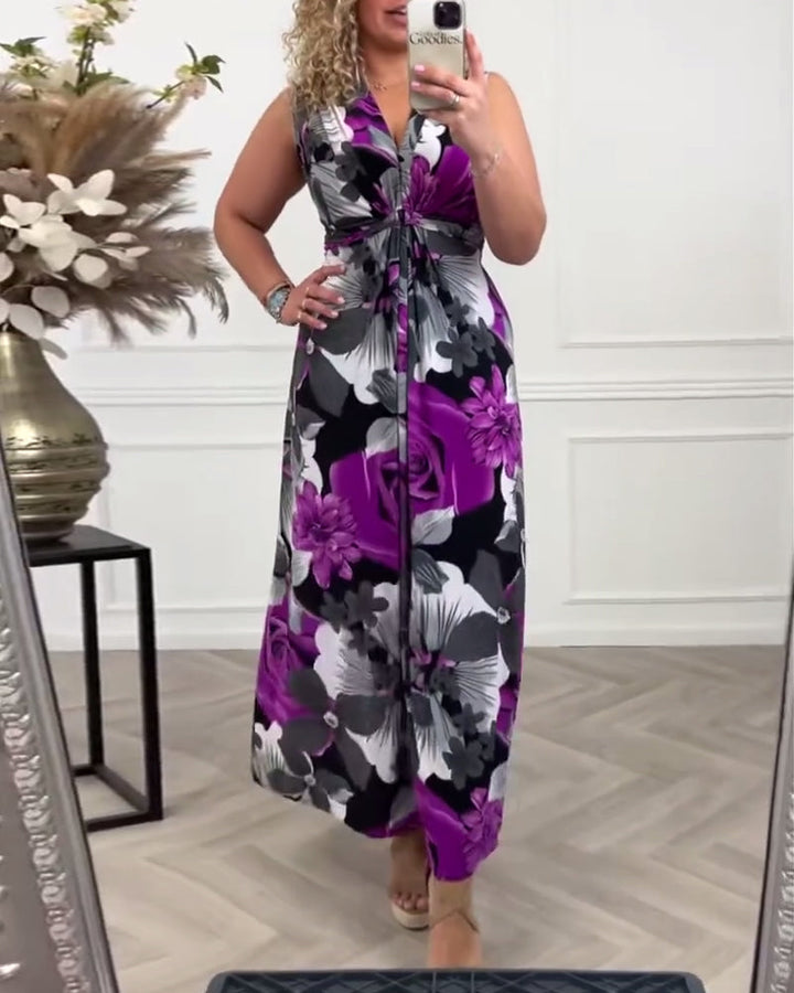 Viola | Vrouwen Bloemen Maxi Jurk Mouwloos Met Strik Voor V-Hals