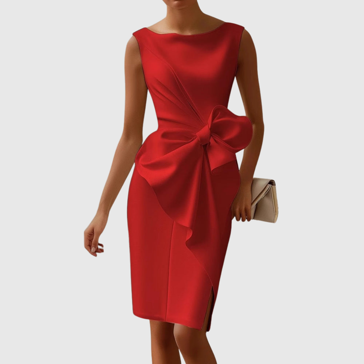 Eloise | Dames Midi Jurk met Bootnek en Mouwloos met Strikdetail