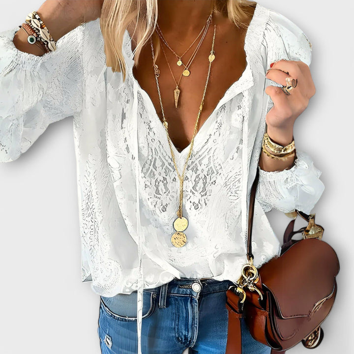 Zeleste | Dames Kant V-Hals Blouse Lange Mouwen Boho Top