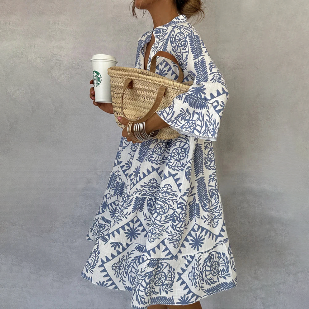 Celeste | Dames Boho Print V-Hals 3/4 Mouw Swing Jurk