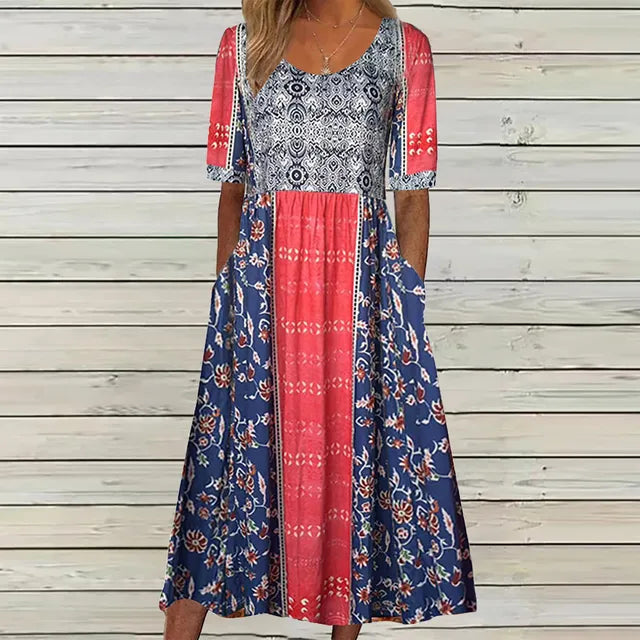 Janine™ | Jurk met Bohemian Print en Ronde Hals