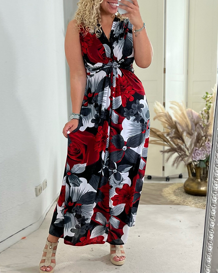 Viola | Vrouwen Bloemen Maxi Jurk Mouwloos Met Strik Voor V-Hals