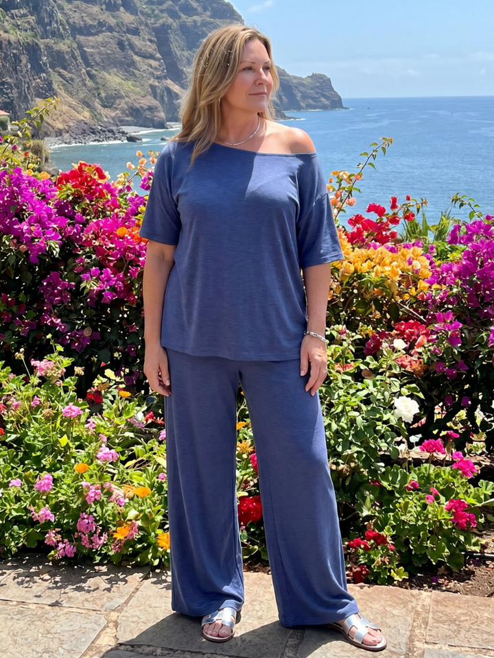 Elarim | Korte Mouw Off Shoulder Top En Wijde Pantalon Set