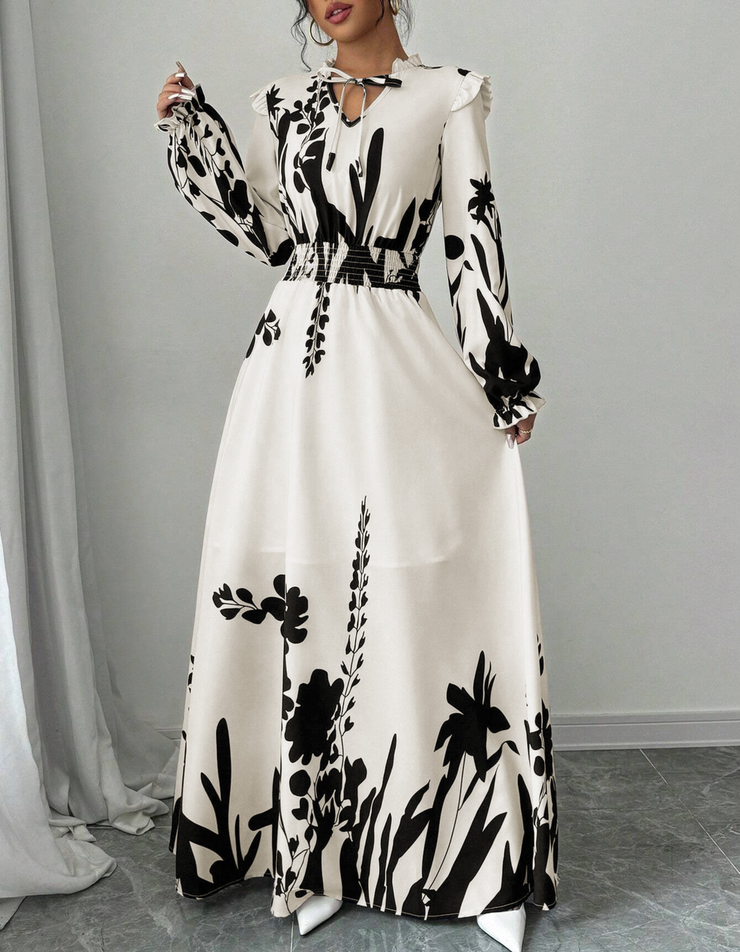 MOREN™ - Elegante Lange Mouwen Bloemenprint A-Lijn Jurk