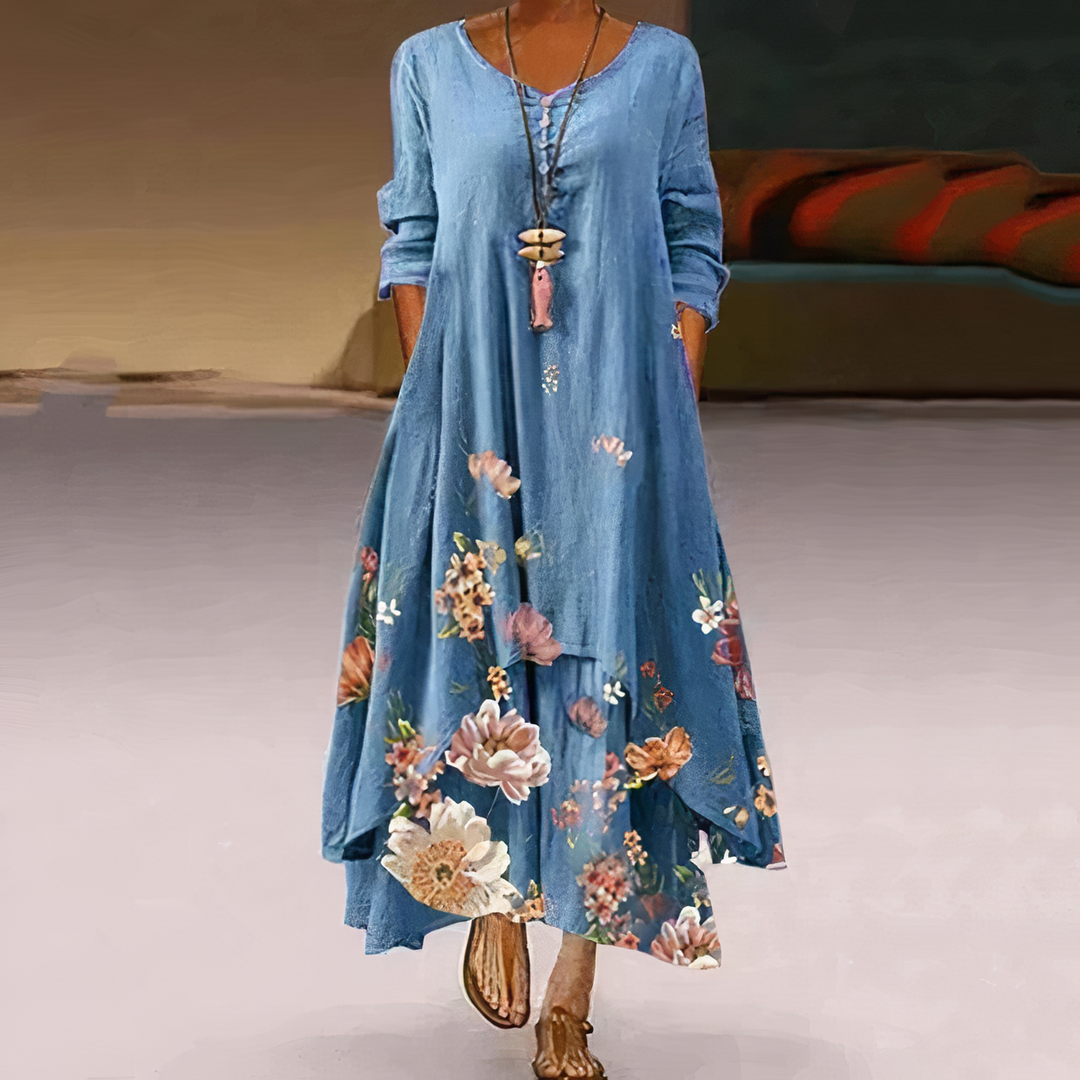 Flora | Dames Lange Mouwen Losse Maxi Jurk met Bloemenprint