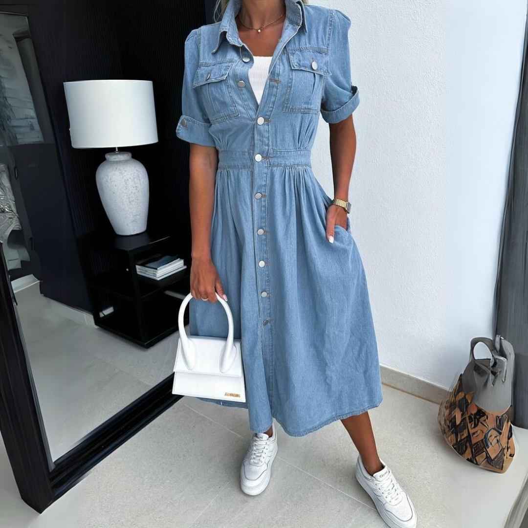 Jade | Dames Denim Knop-Up Midi Jurk Korte Mouwen