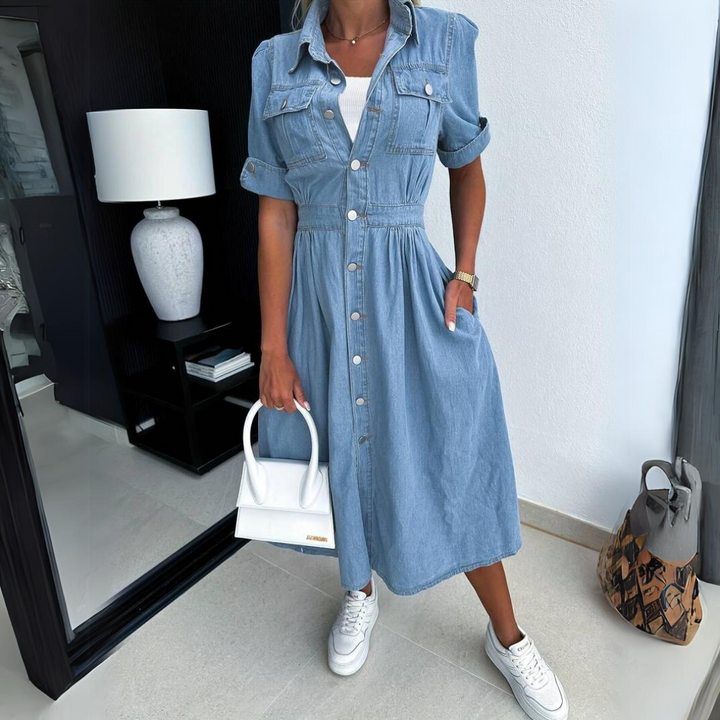 Jade | Dames Denim Knop-Up Midi Jurk Korte Mouwen