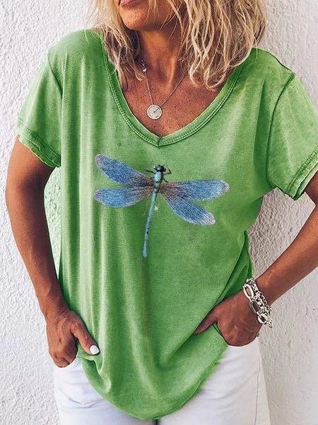 Luna | Dames T-shirt met Libelleprint en V-hals met Korte Mouwen