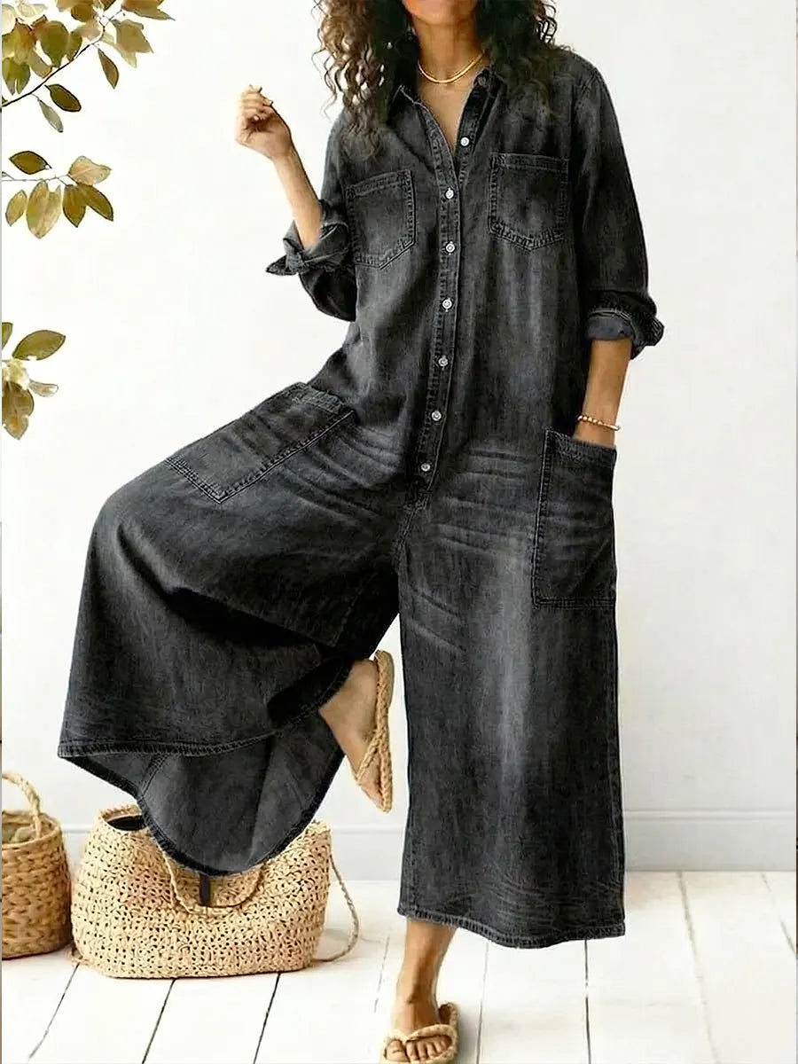 Jeen | Dames Jumpsuit Lange Mouwen Knopen Voorkant Wijde Pijpen