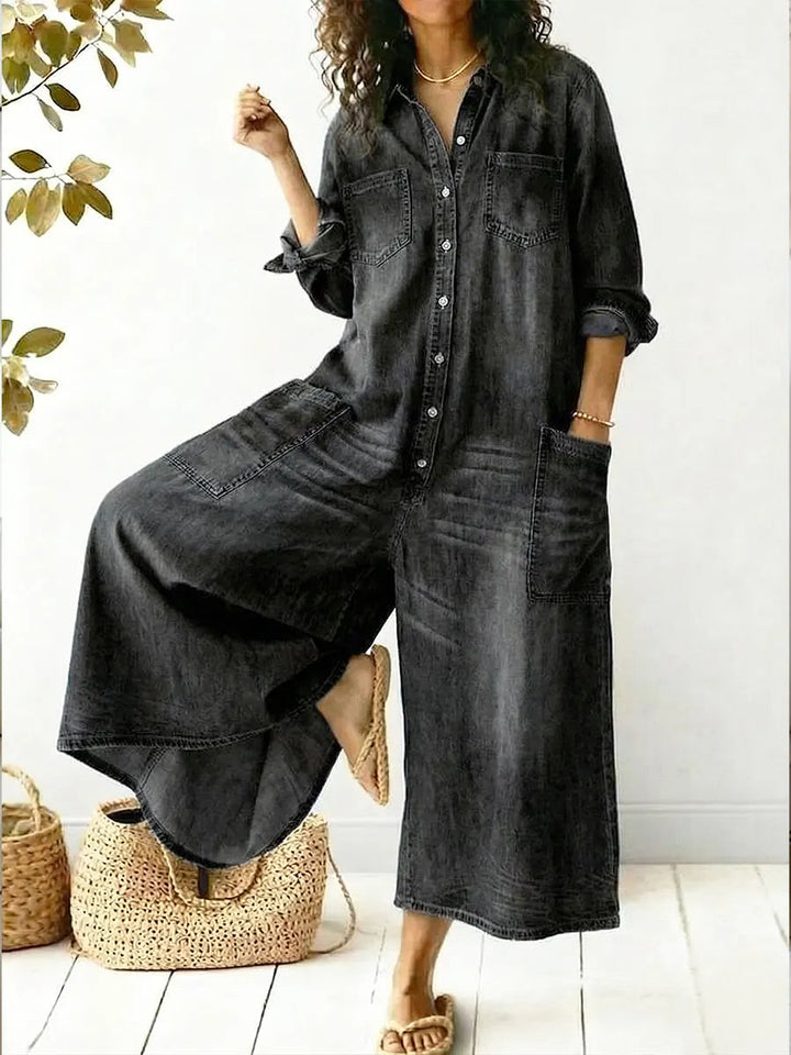 Jeen | Dames Jumpsuit Lange Mouwen Knopen Voorkant Wijde Pijpen