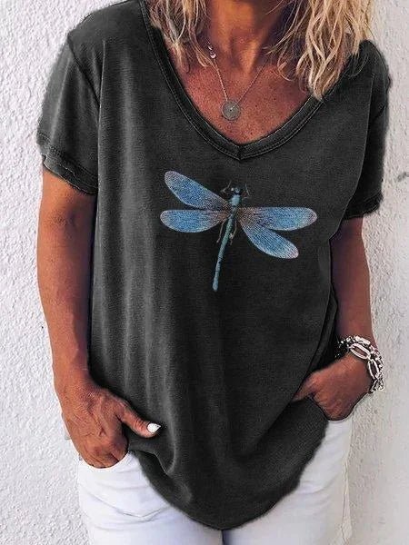 Luna | Dames T-shirt met Libelleprint en V-hals met Korte Mouwen
