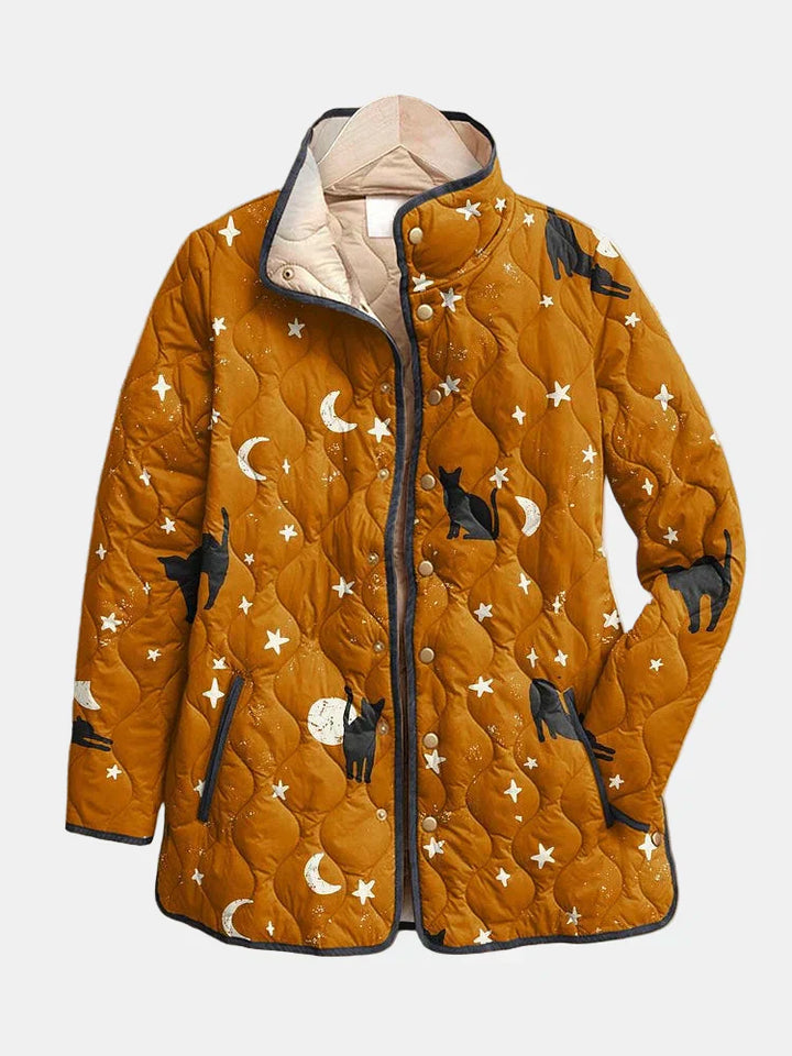 Eira | Casual Zwart Kat Halloween Print Gequilt Jacket