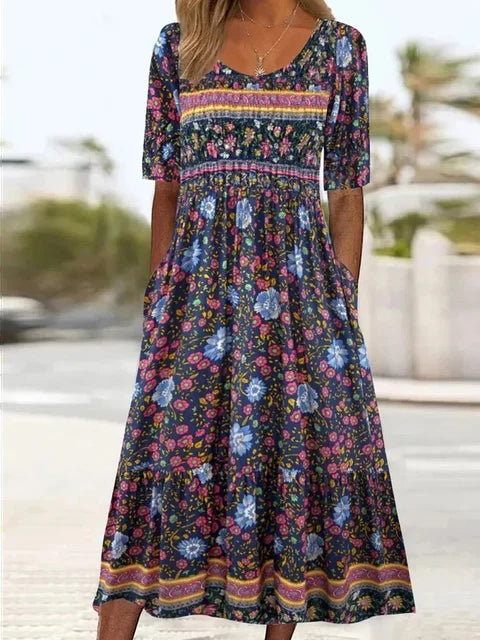 Janine™ | Jurk met Bohemian Print en Ronde Hals