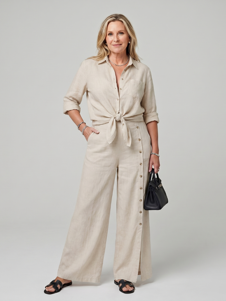 Maddelina | Langsleeve Top met Strik en Brede Pantalon Set