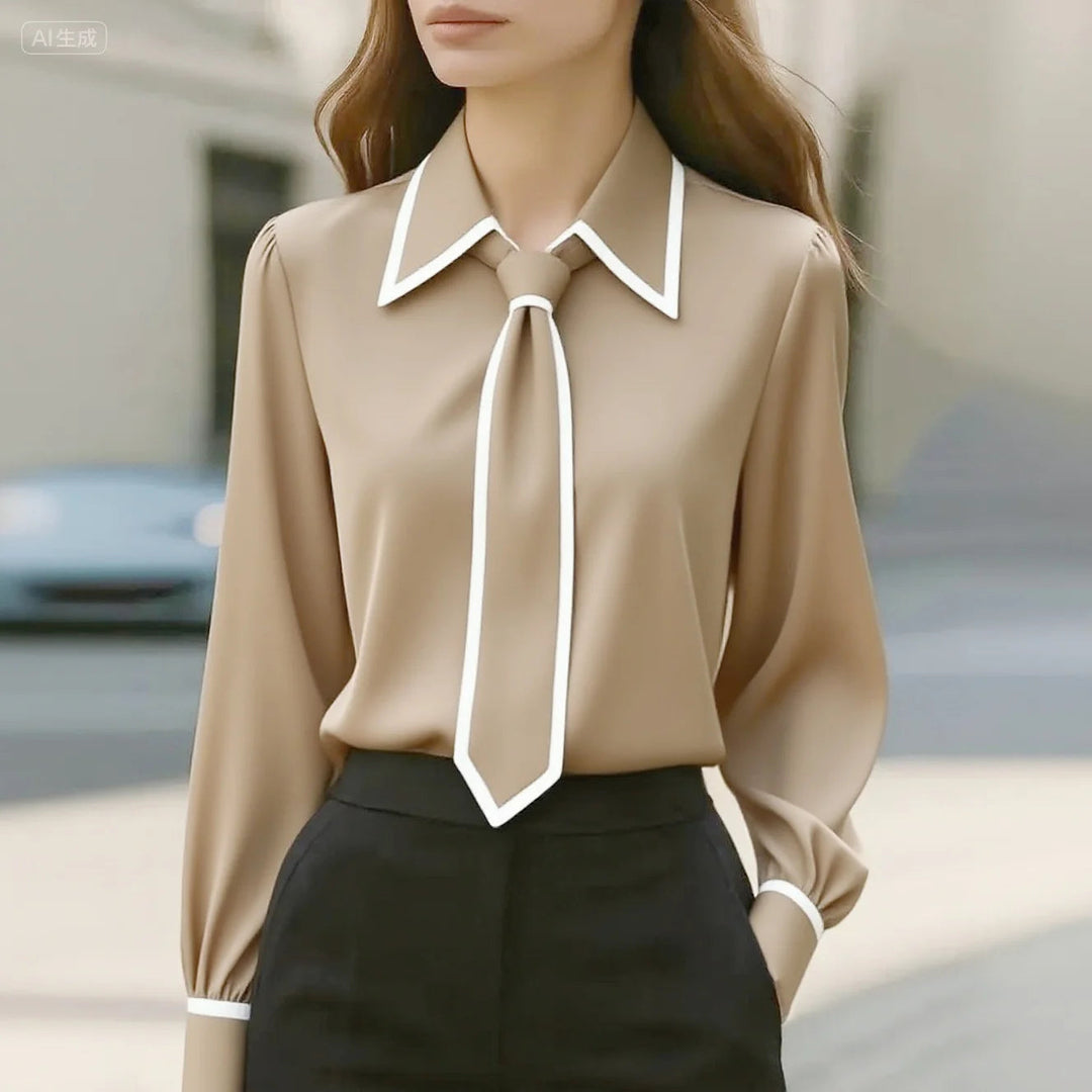 Vivian | Dames Blouse met Lange Mouwen en Striknek met Contrast Kraag