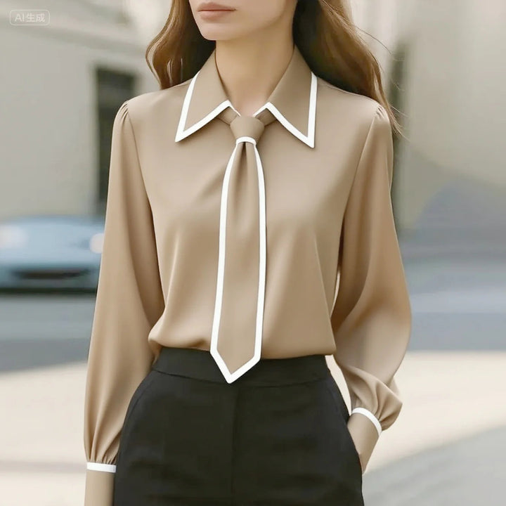 Vivian | Dames Blouse met Lange Mouwen en Striknek met Contrast Kraag