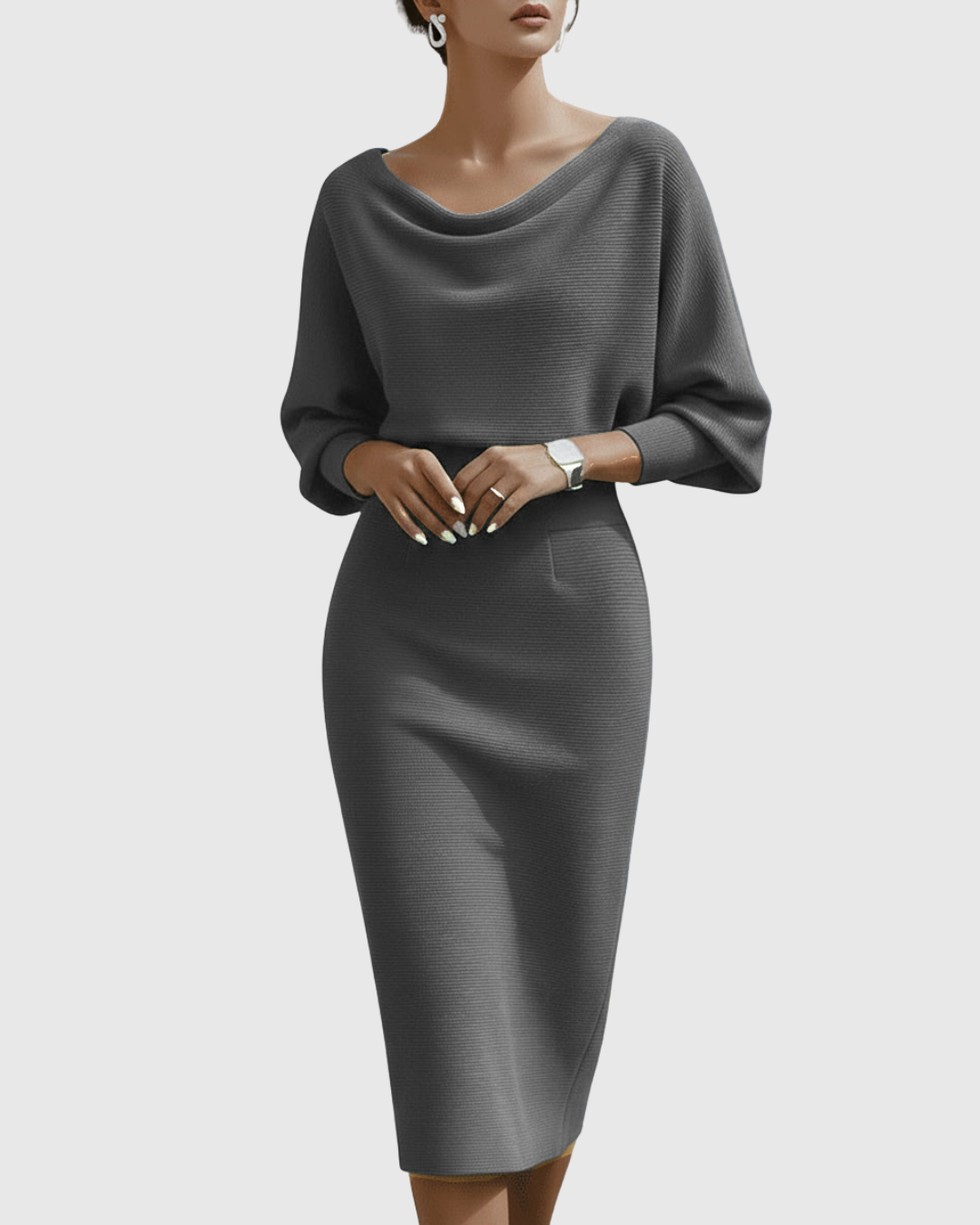 Vivienne | Vrouwen Midi-jurk met Col en Batwing Mouwen