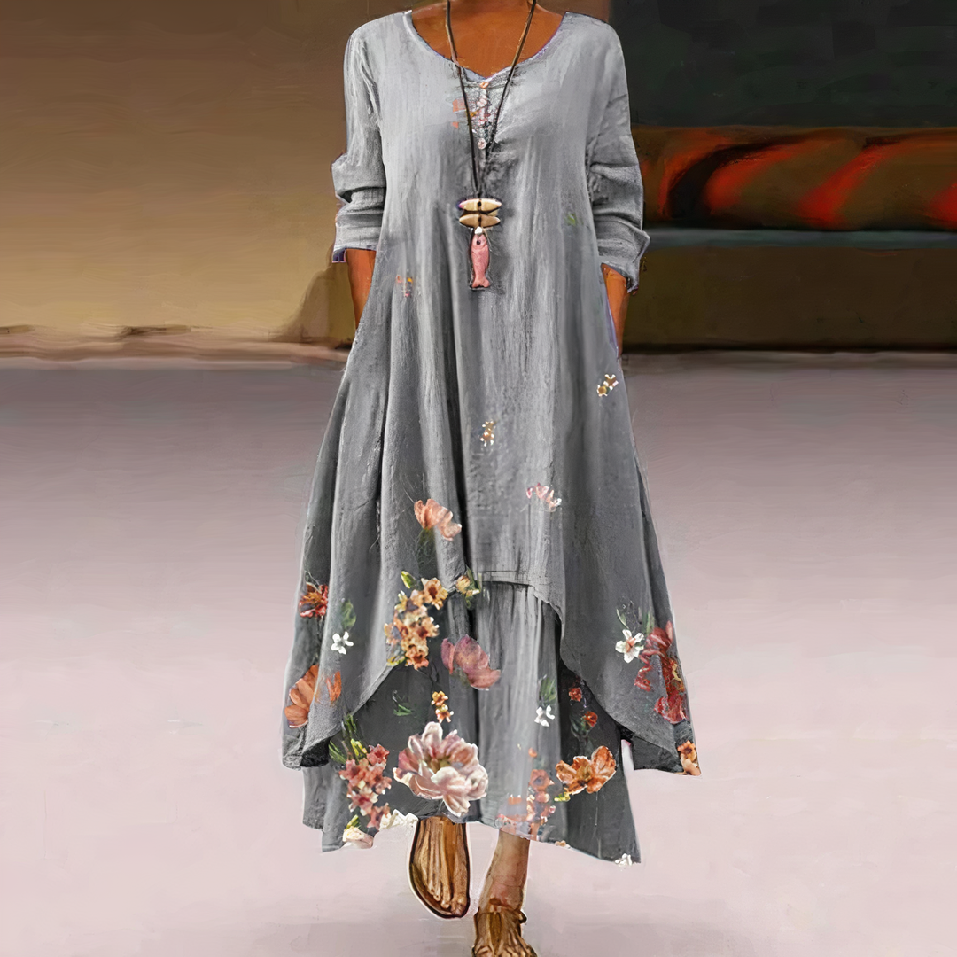 Flora | Dames Lange Mouwen Losse Maxi Jurk met Bloemenprint
