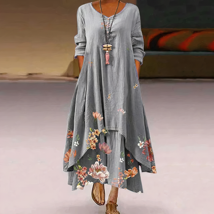 Flora | Dames Lange Mouwen Losse Maxi Jurk met Bloemenprint