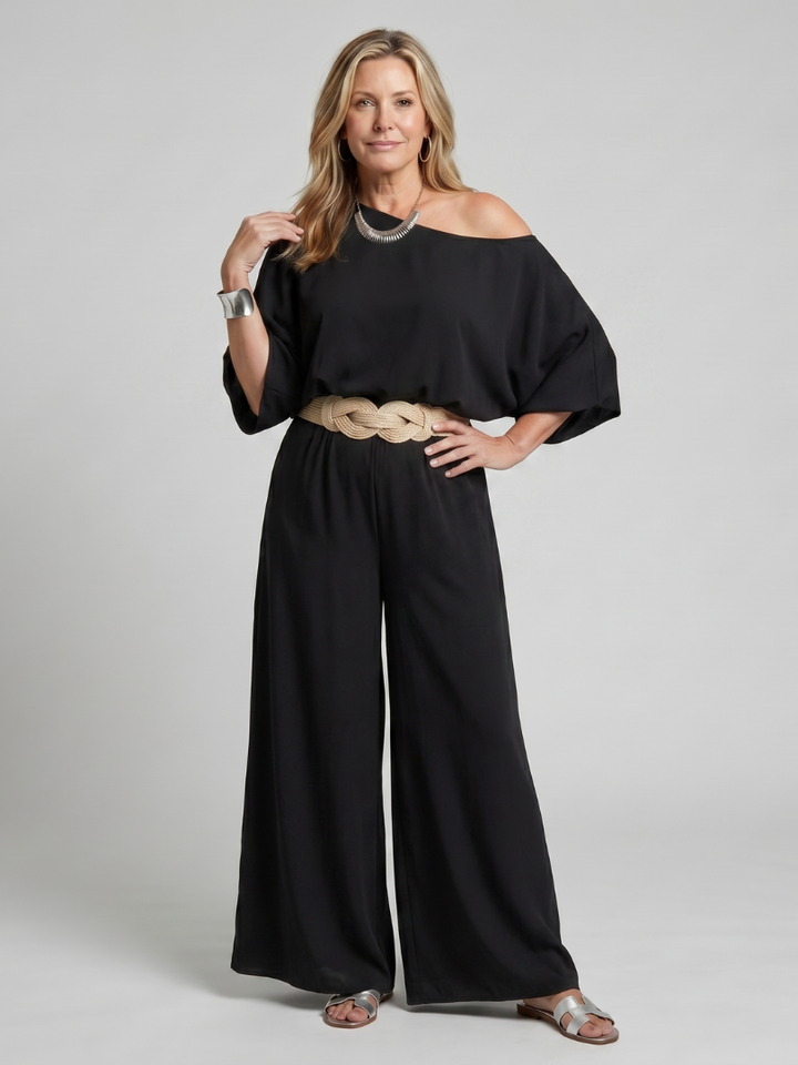 Siomara | Top met Één Schouder en Brede Mouwen en Brede Broek Set