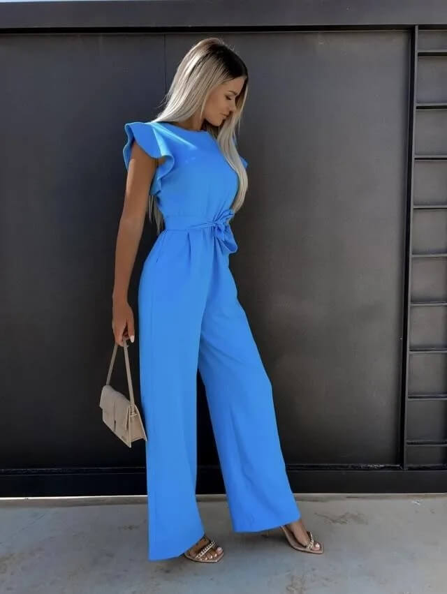 Amber | Dames Ruffle Mouw Brede Pijp Jumpsuit Met Ceintuur Elegant