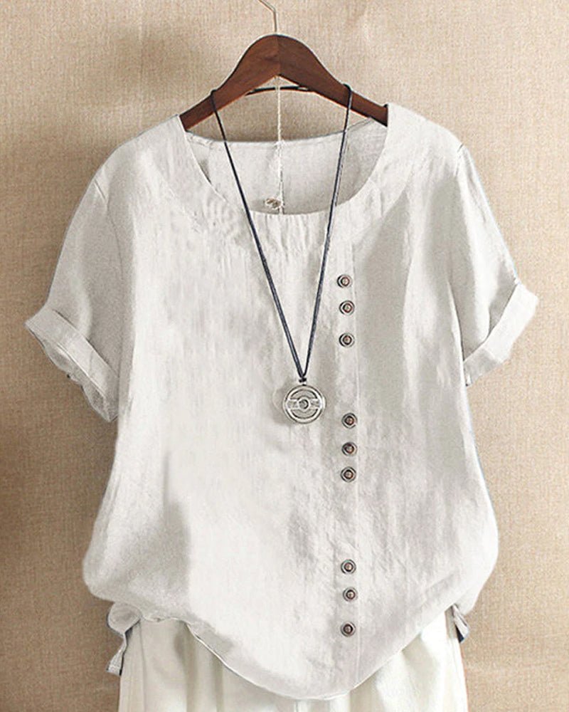 Linnen | Dames Knopen Voor Crew Neck Korte Mouw Casual Top