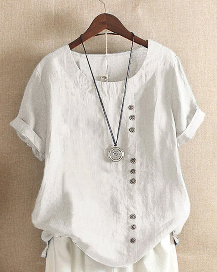 Linnen | Dames Knopen Voor Crew Neck Korte Mouw Casual Top