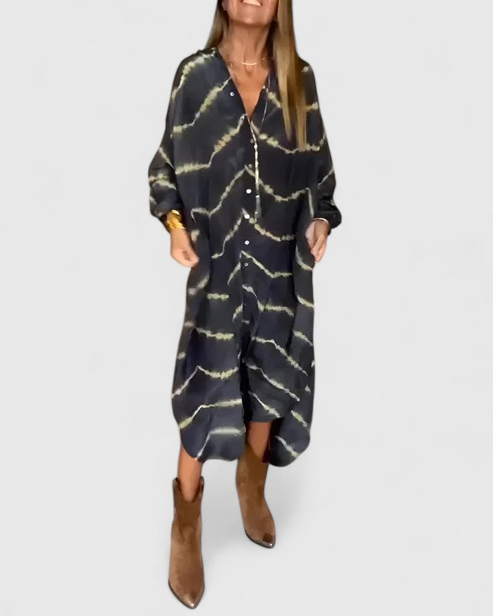 Nova | Dames Tie-Dye Print Knopen Midi Shirt Jurk