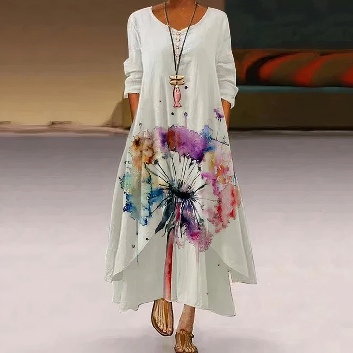 Flora | Dames Lange Mouwen Losse Maxi Jurk met Bloemenprint