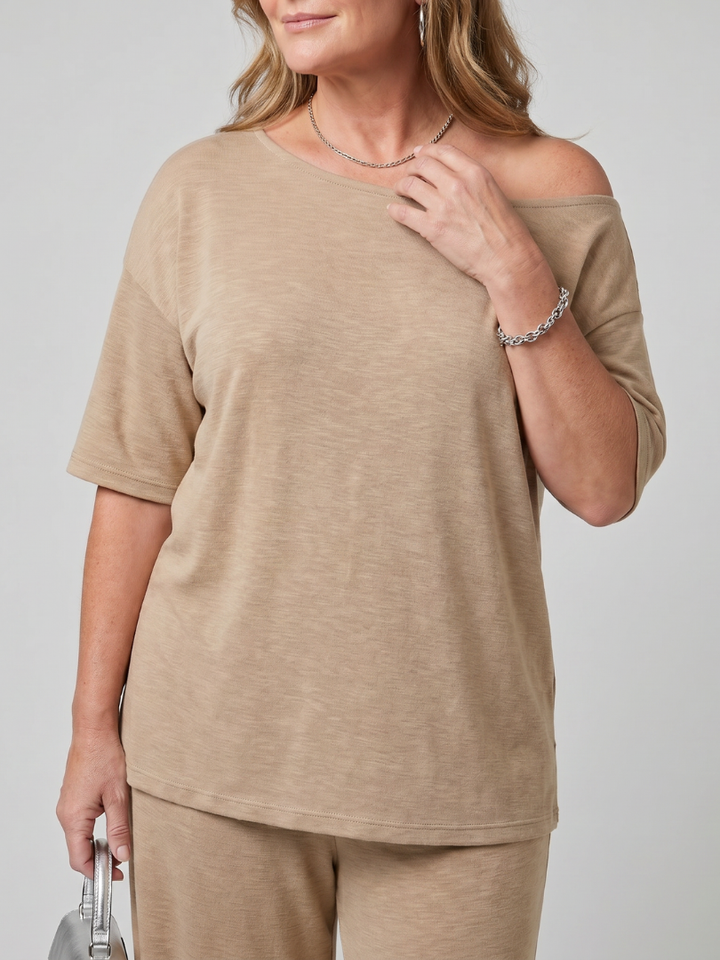 Elarim | Korte Mouw Off Shoulder Top En Wijde Pantalon Set