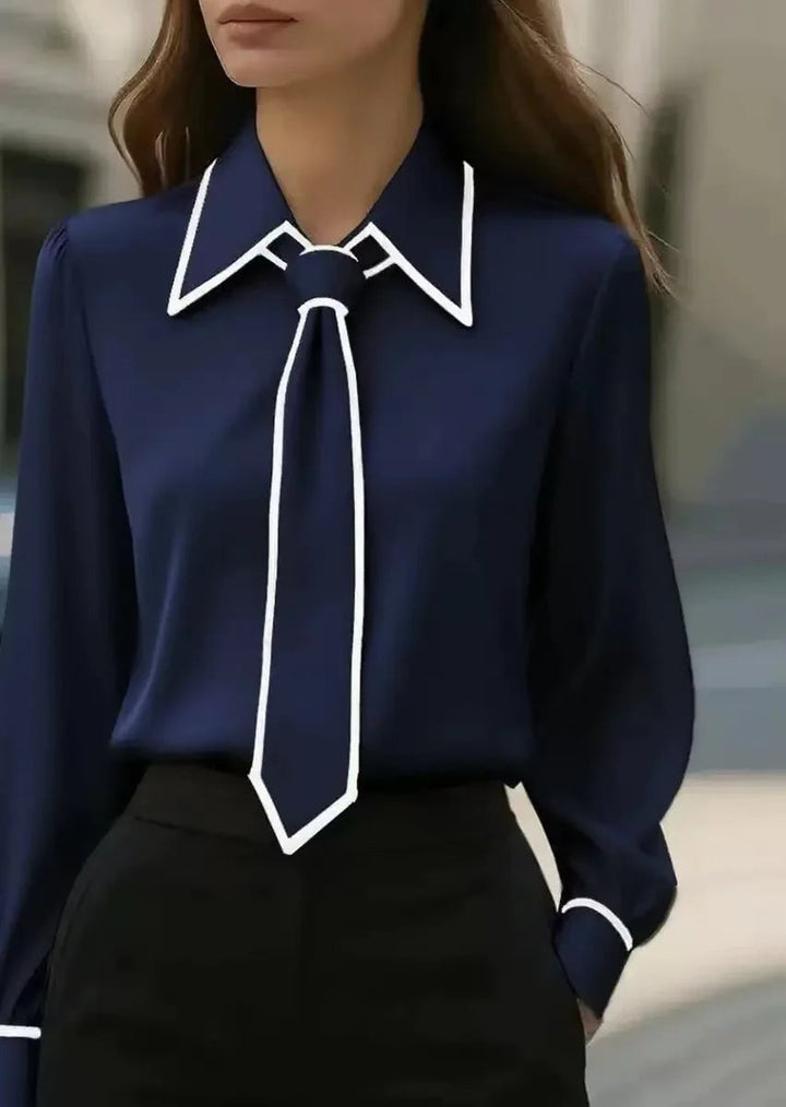 Vivian | Dames Blouse met Lange Mouwen en Striknek met Contrast Kraag