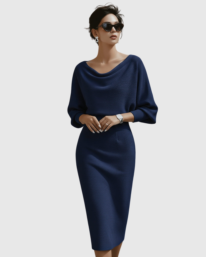 Vivienne | Vrouwen Midi-jurk met Col en Batwing Mouwen