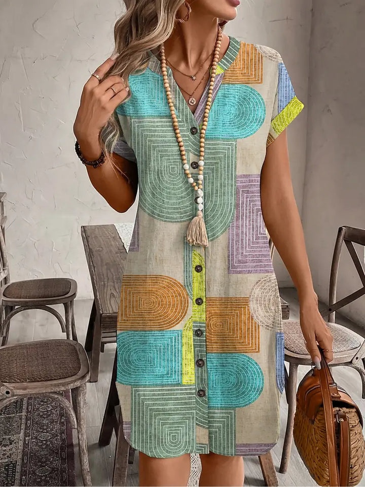 Prism | Dames Mini Jurk met Geometrische Print en Knopen V-Hals