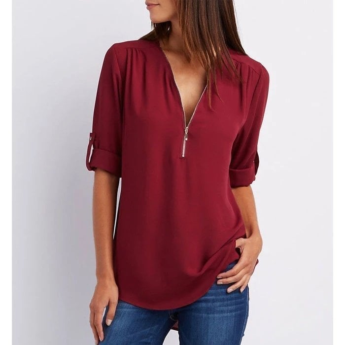 Rosé | Dames Zip-Up V-Hals Halve Mouw Casual Blouse Top