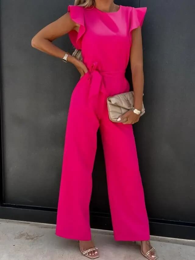 Amber | Dames Ruffle Mouw Brede Pijp Jumpsuit Met Ceintuur Elegant