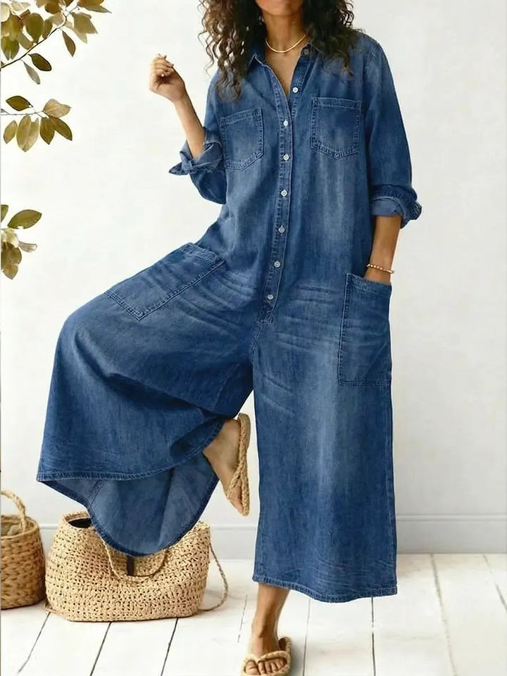 Jeen | Dames Jumpsuit Lange Mouwen Knopen Voorkant Wijde Pijpen