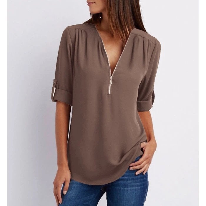 Rosé | Dames Zip-Up V-Hals Halve Mouw Casual Blouse Top