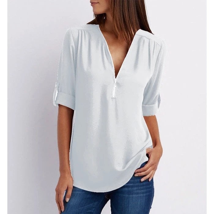 Rosé | Dames Zip-Up V-Hals Halve Mouw Casual Blouse Top