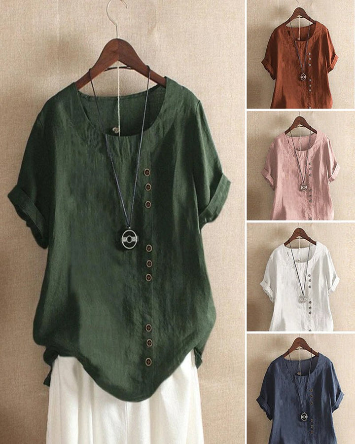 Linnen | Dames Knopen Voor Crew Neck Korte Mouw Casual Top