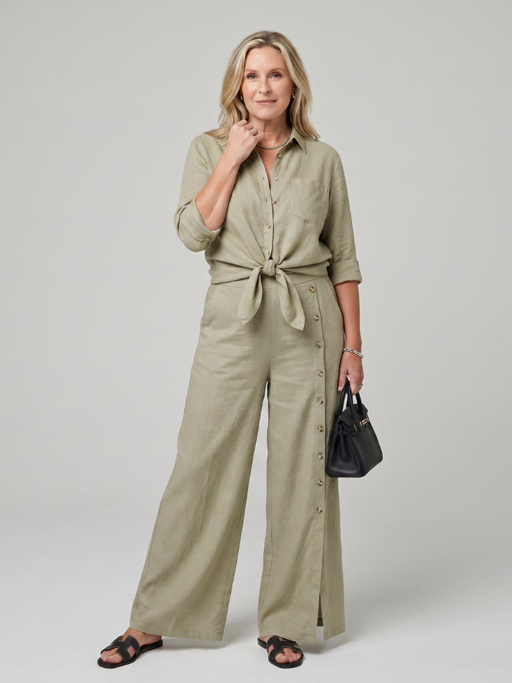 Maddelina | Langsleeve Top met Strik en Brede Pantalon Set