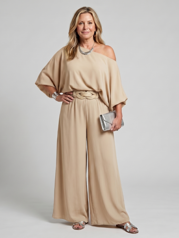 Siomara | Top met Één Schouder en Brede Mouwen en Brede Broek Set
