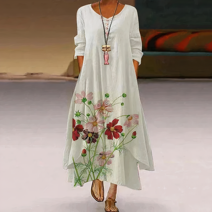 Flora | Dames Lange Mouwen Losse Maxi Jurk met Bloemenprint