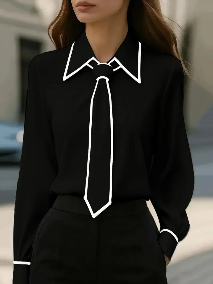 Vivian | Dames Blouse met Lange Mouwen en Striknek met Contrast Kraag