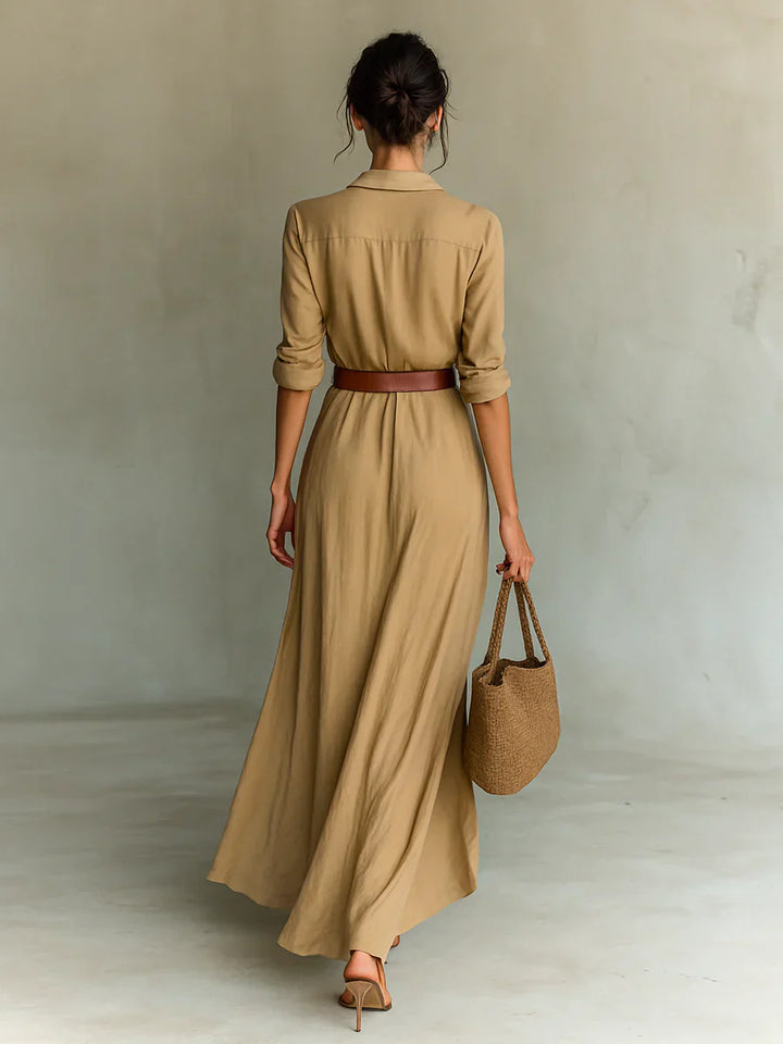 Lydia™ | Kraag Lange Mouw Ceintuur Maxi Jurk