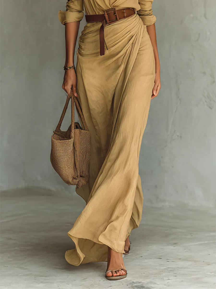 Lydia™ | Kraag Lange Mouw Ceintuur Maxi Jurk