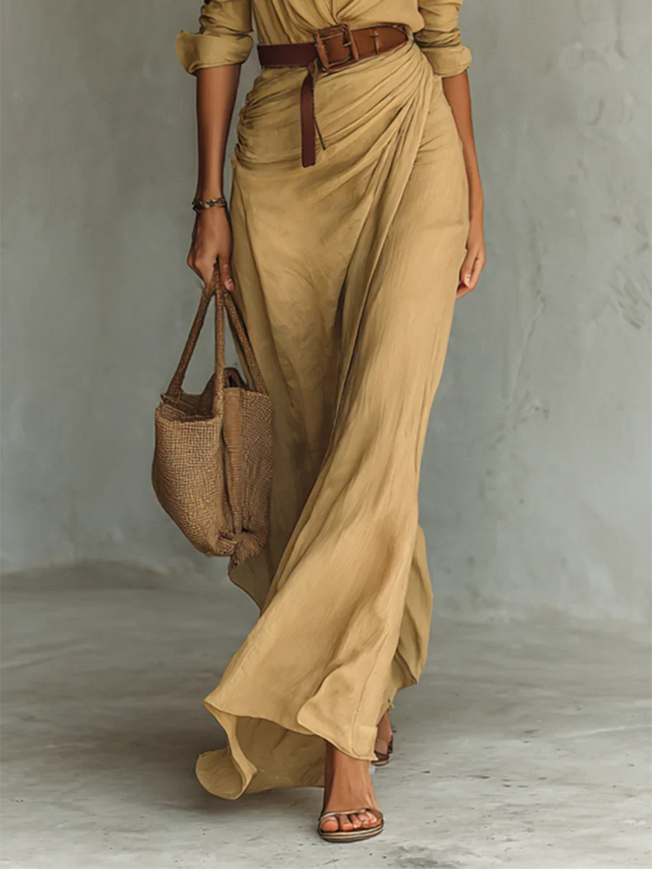 Lydia™ | Kraag Lange Mouw Ceintuur Maxi Jurk
