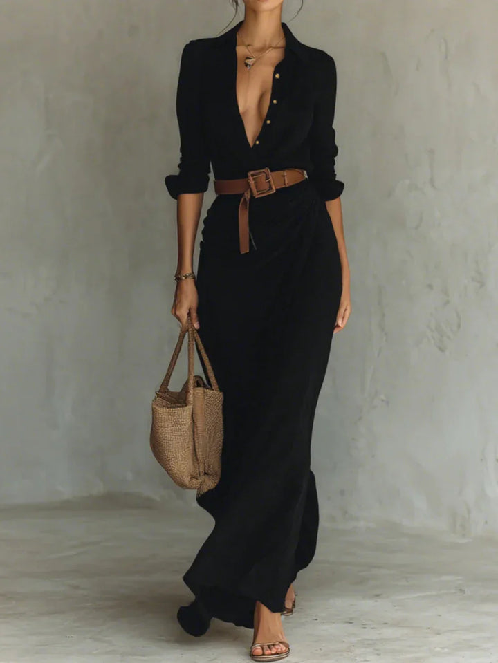 Lydia™ | Kraag Lange Mouw Ceintuur Maxi Jurk