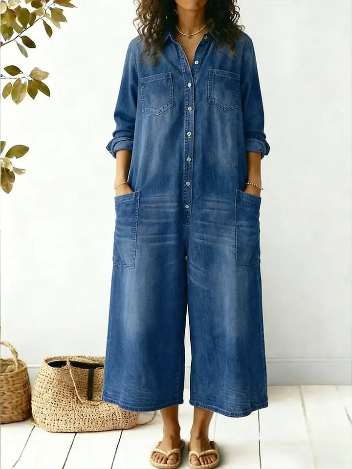 Jeen | Dames Jumpsuit Lange Mouwen Knopen Voorkant Wijde Pijpen
